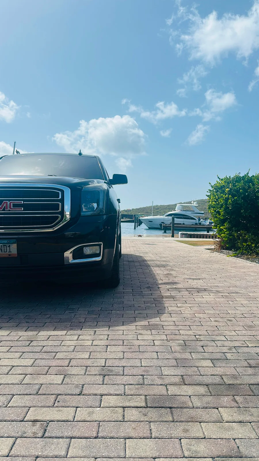GrandArrival GMC Yukon waiting at Crown Bay Marina after a yacht pickup on St. Thomas